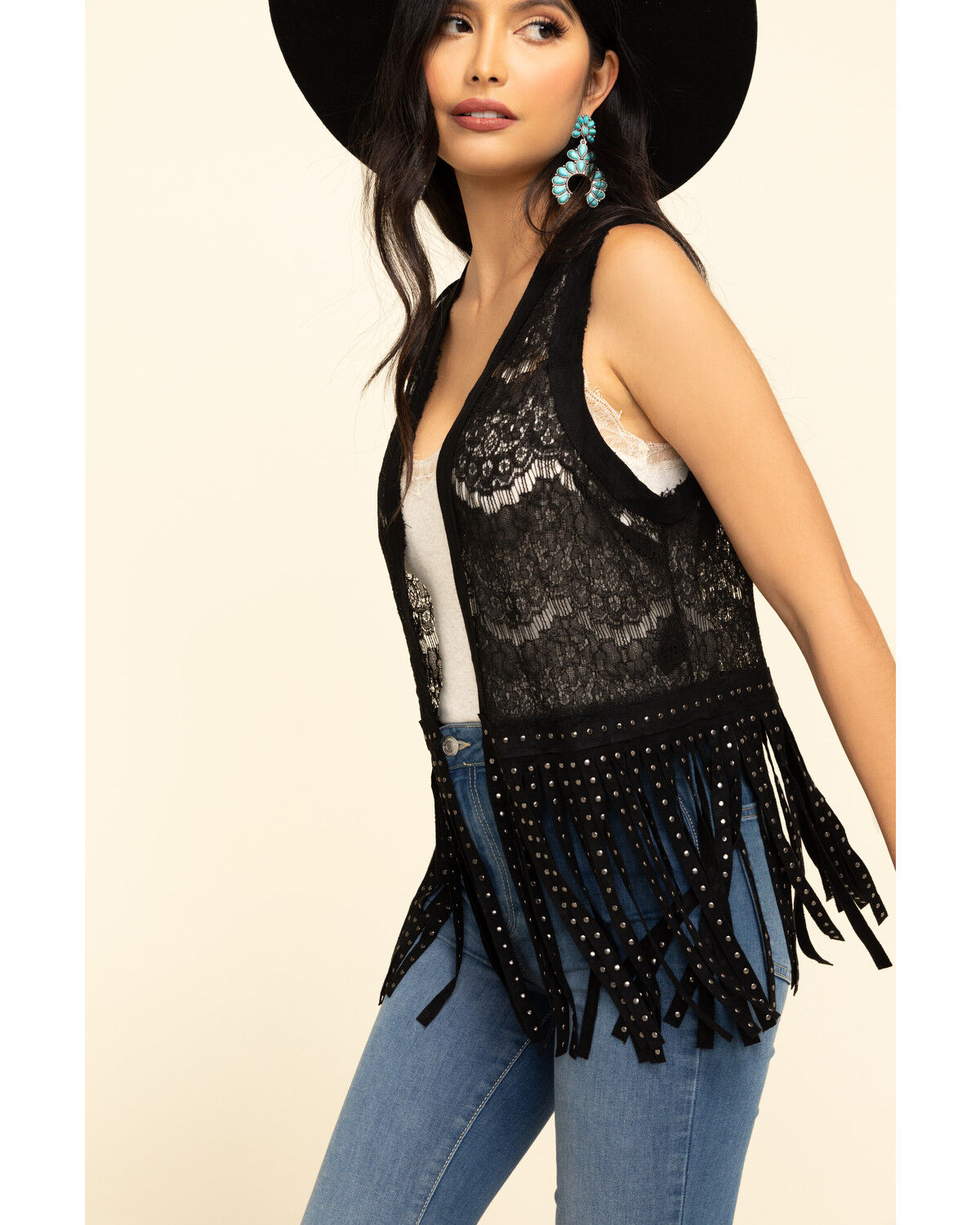 Image #5 - Vocal Women's Lace Studded Fringe Vest, Black, hi-res