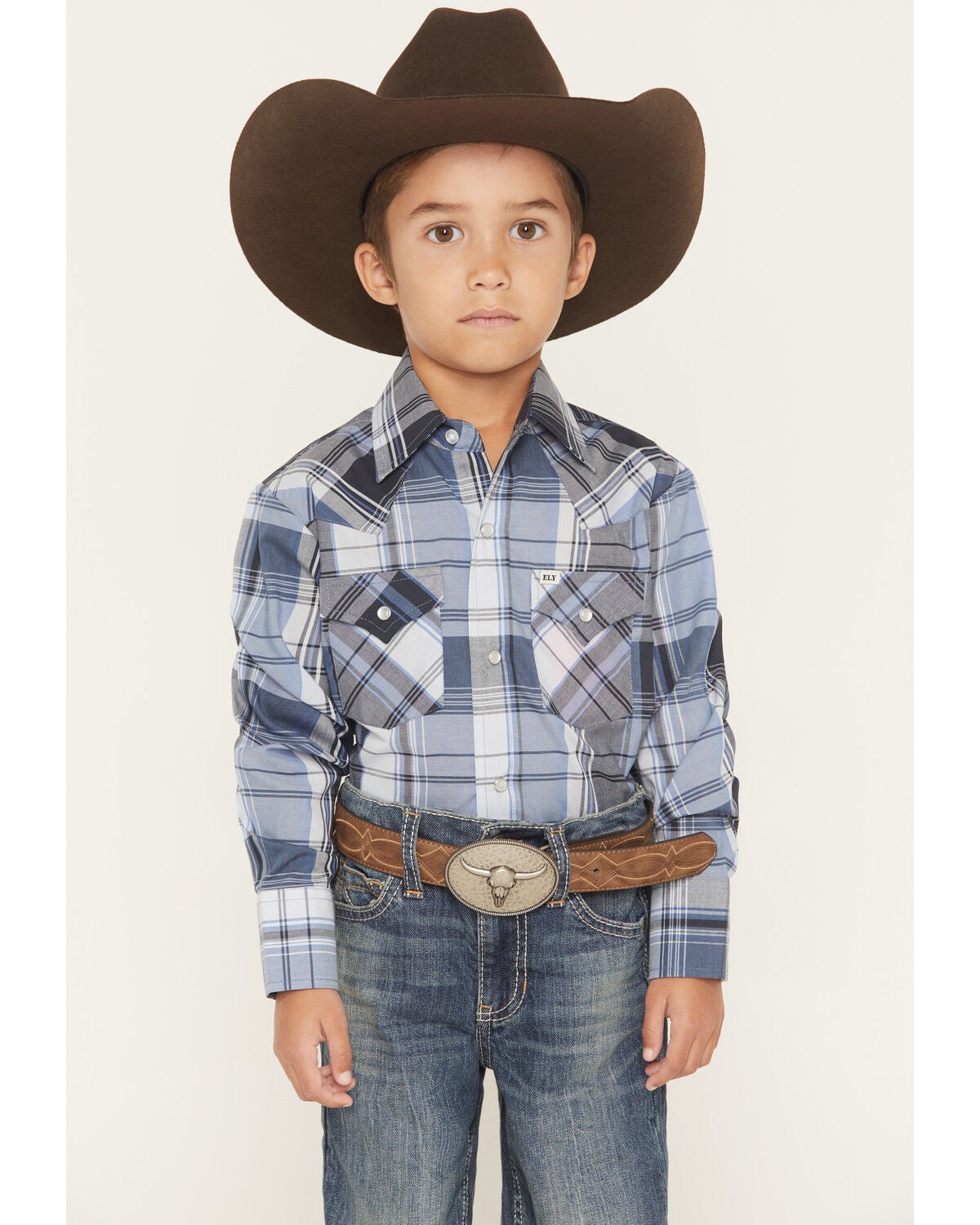 Image #1 - Ely Walker Boys' Plaid Print Long Sleeve Pearl Snap Western Shirt, Blue, hi-res