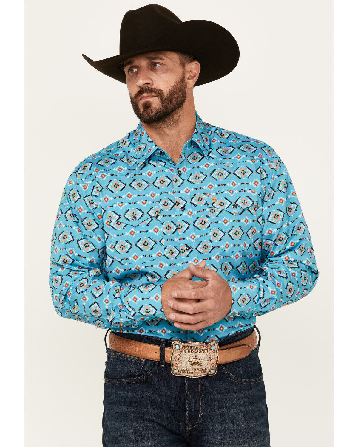 Image #1 - Rodeo Clothing Men's Boot Barn Exclusive Southwestern Print Long Sleeve Snap Western Shirt, Turquoise, hi-res