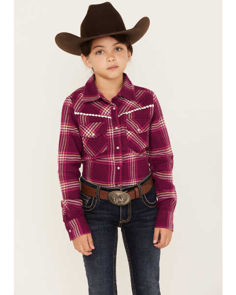 Shyanne Girls' Plaid Print Flannel Long Sleeve Western Snap Shirt, Purple, hi-res