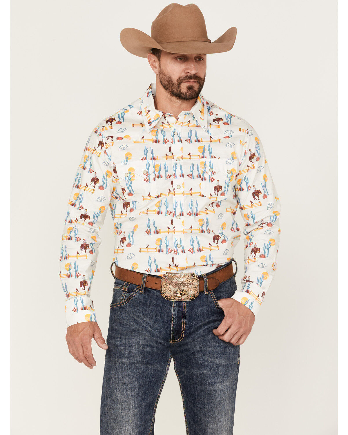 Image #1 - Dale Brisby Men's All-Over Scenic Print Long Sleeve Snap Western Shirt, Teal, hi-res