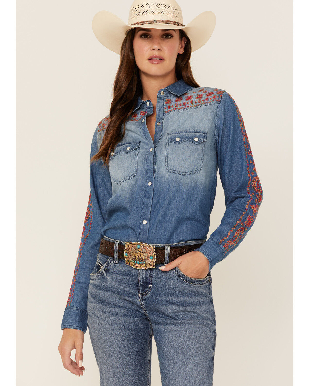 Image #1 - Tasha Polizzi Women's Embroidered Paisley Denim Long Sleeve Shirt, Blue, hi-res