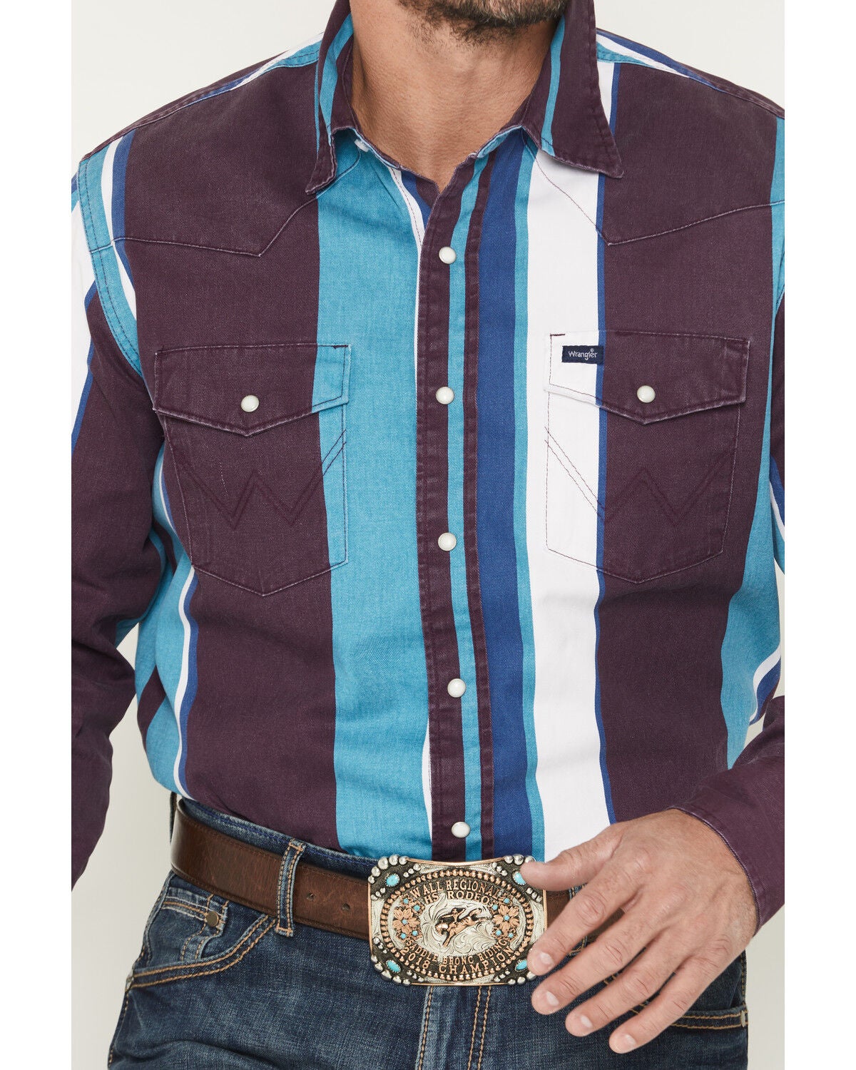 Image #3 - Wrangler Men's Brushpopper Denim Striped Long Sleeve Snap Western Shirt, Multi, hi-res
