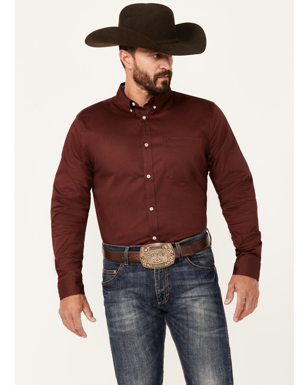 Cody James Men's Basic Twill Long Sleeve Button-Down Performance Western Shirt - Big, Wine, hi-res