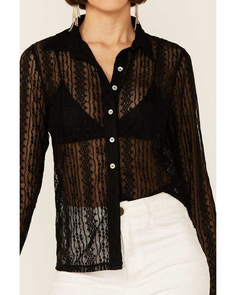 Image #2 - Wild Moss Women's Lace Button Front Sheer Long Sleeve Shirt, Black, hi-res