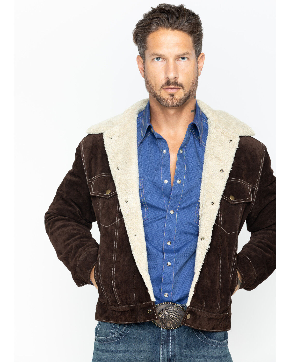 Image #6 - Scully Men's Sherpa Lined Boar Suede Jacket, Chocolate, hi-res