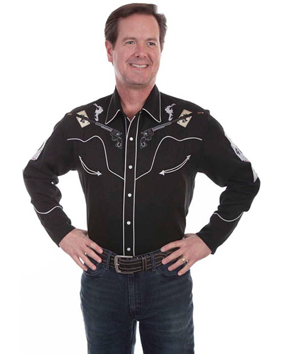 Image #1 - Scully Men's Skulls, Guns N Cards Embroidered Yoke Long Sleeve Pearl Snap Western Shirt - Big, Black, hi-res