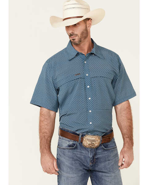 Image #1 - Panhandle Men's Performance Arrow Geo Print Short Sleeve Button Down Western Shirt , Blue, hi-res