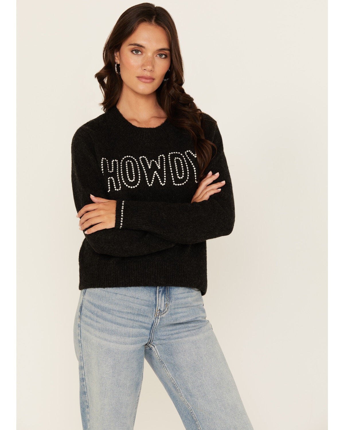 White Crow Women's Howdy Stitched Long Sleeve Sweater, Black, hi-res