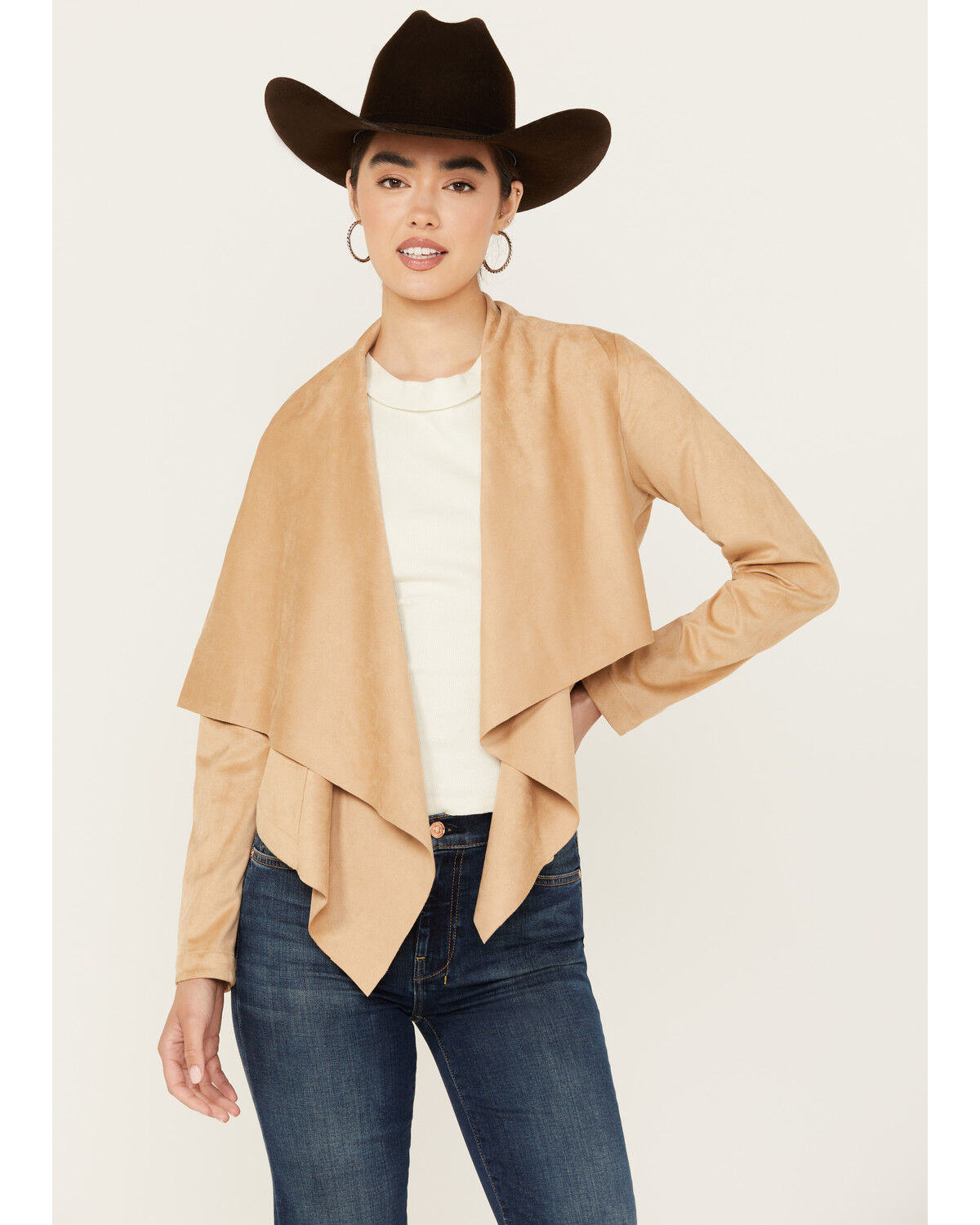 Image #1 - Shyanne Women's Faux Suede Cascade Collar Moto Jacket, Beige, hi-res