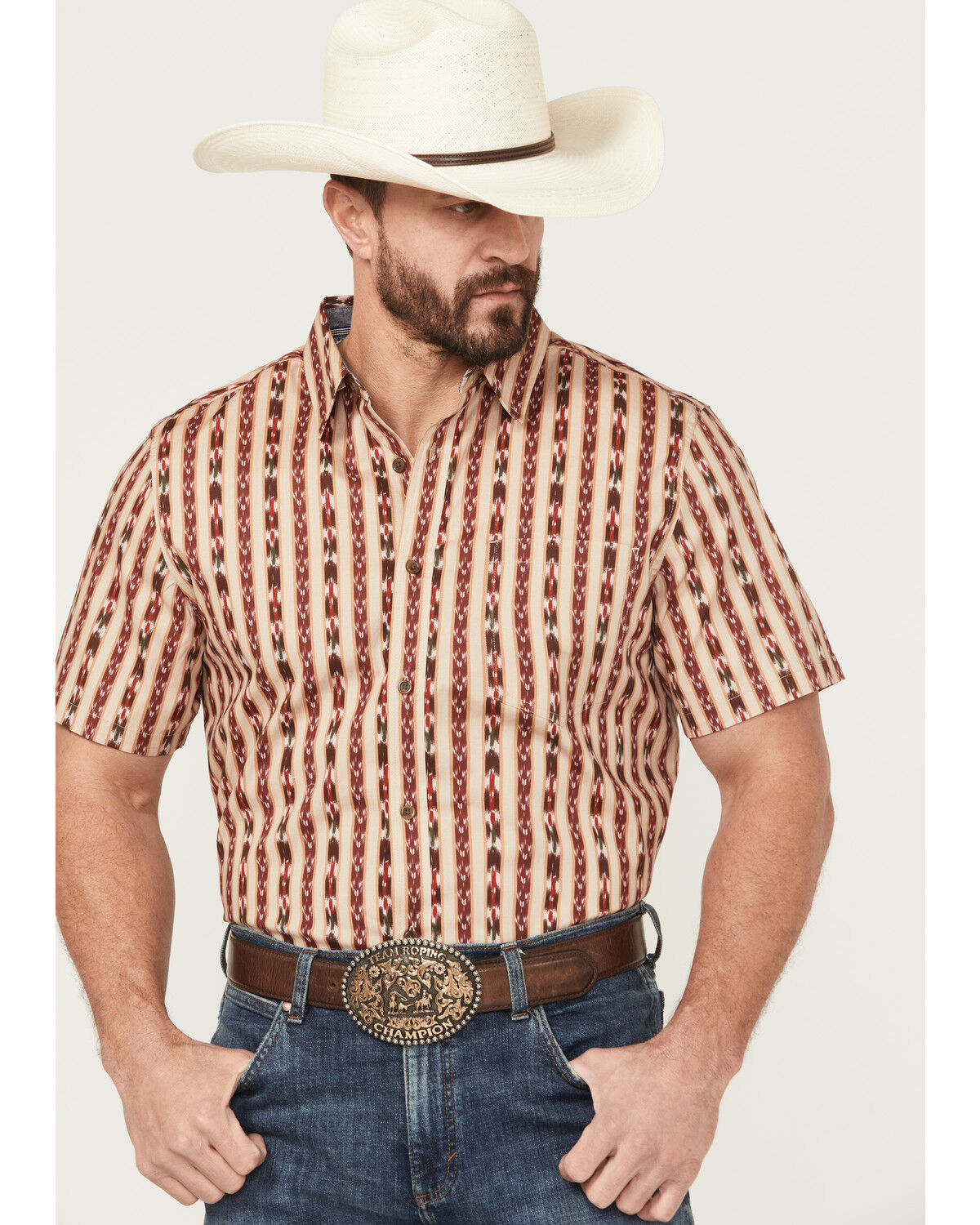 Image #1 - Cody James Men's Bridgestone Southwestern Striped Short Sleeve Button-Down Stretch Western Shirt, Tan, hi-res