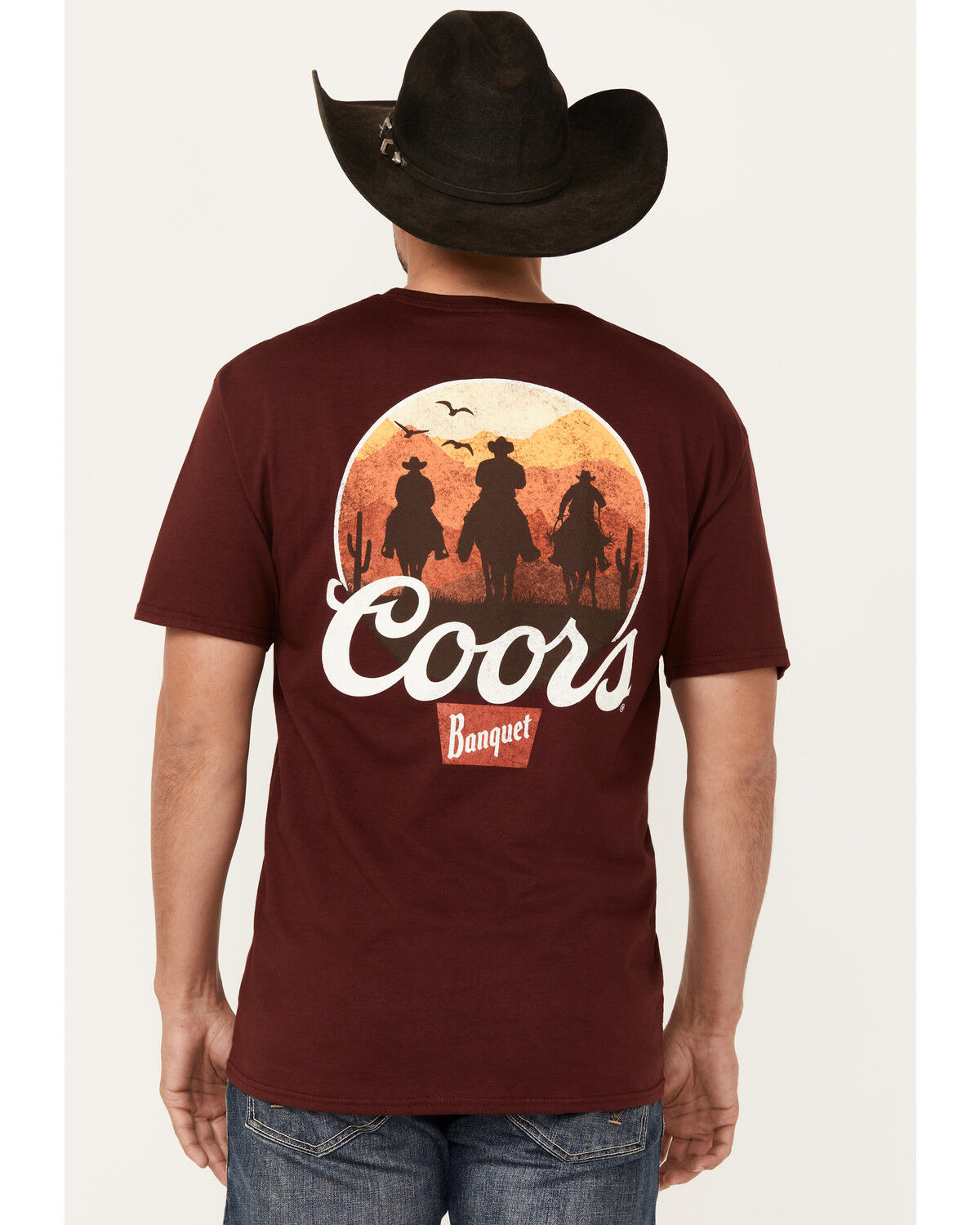Image #1 - Coors Men's Boot Barn Exclusive Desert Riders Logo Short Sleeve Graphic T-Shirt, Maroon, hi-res