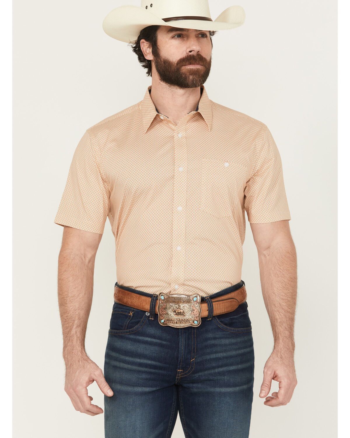 Image #1 - RANK 45® Men's Cowboy Co Geo Print Short Sleeve Button-Down Stretch Western Shirt, Camel, hi-res