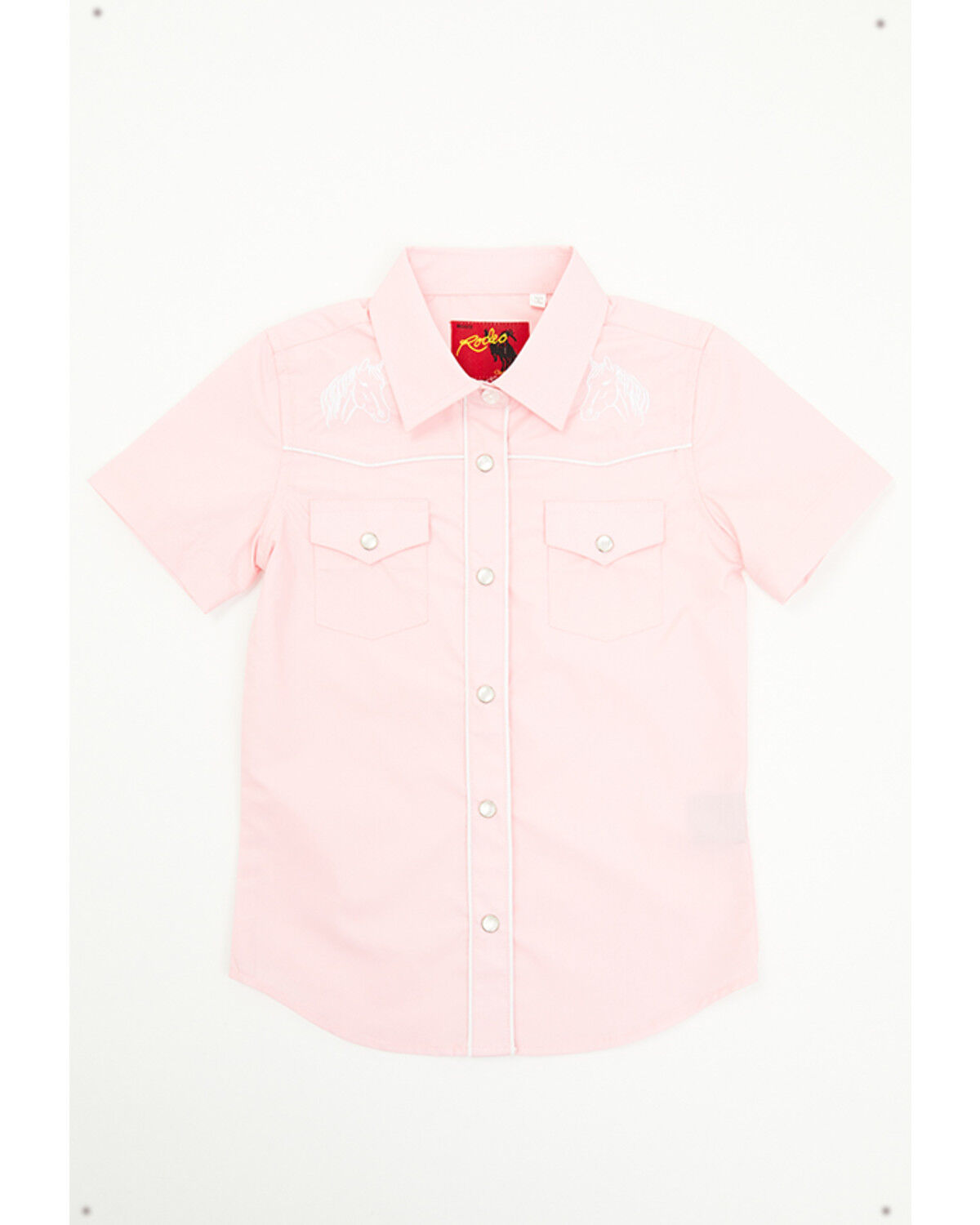 Image #1 - Rodeo Clothing Girls' Horse Embroidered Short Sleeve Pearl Snap Western Shirt, Pink, hi-res