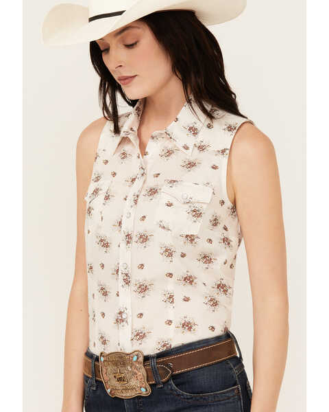 Image #2 - Roper Women's Floral Print Sleeveless Snap Western Shirt , Cream, hi-res