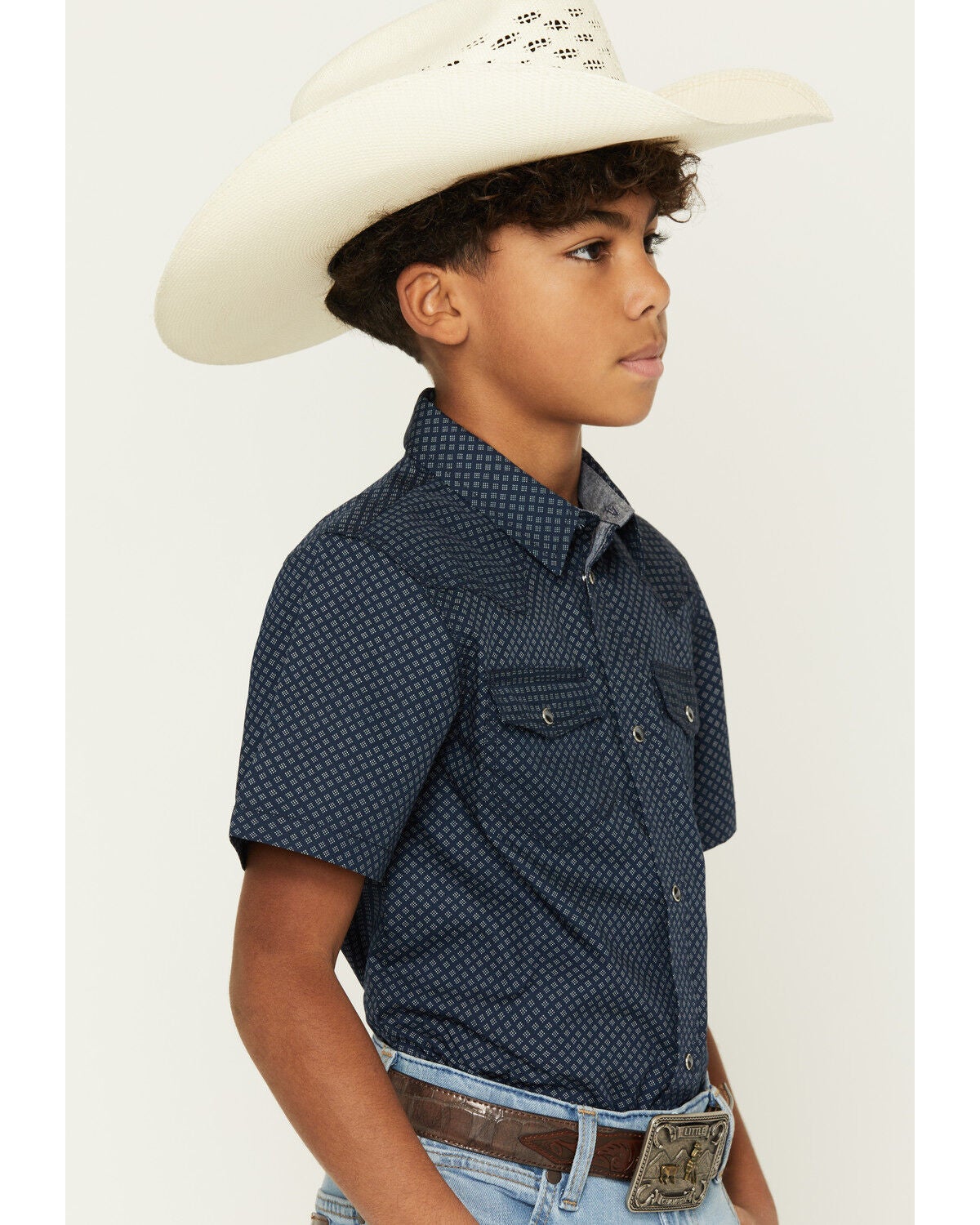 Image #2 - Cody James Boys' Tripp Geo Print Short Sleeve Snap Western Shirt, Navy, hi-res