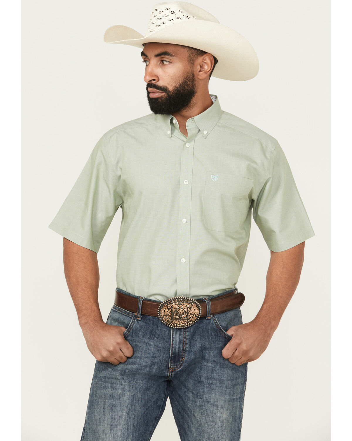 Image #1 - Ariat Men's Wrinkle Free Solid Short Sleeve Button-Down Western Shirt, Sage, hi-res