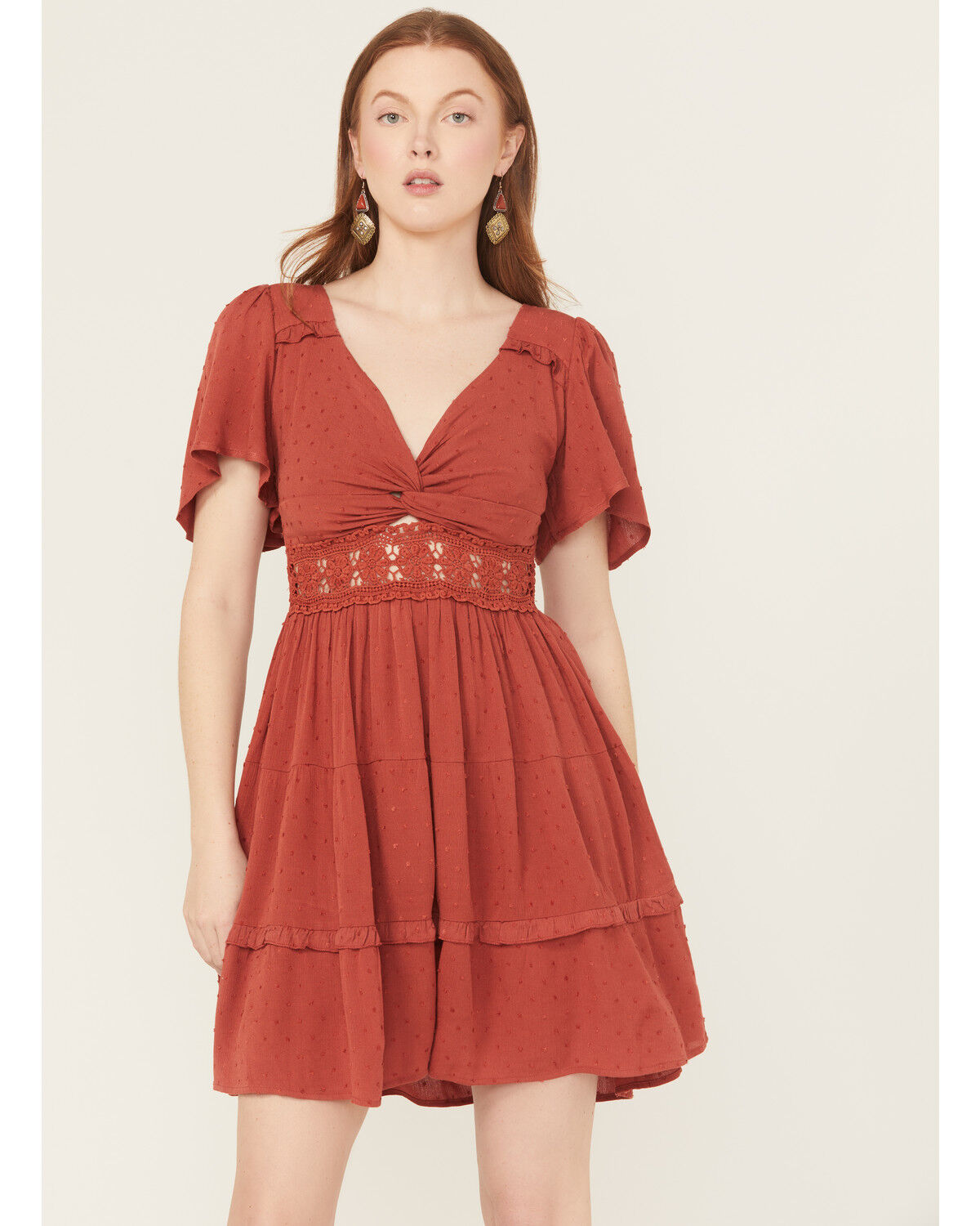 Image #1 - Wild Moss Women's Crochet Inset Twist Front Short Sleeve Mini Dress, Rust Copper, hi-res