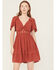 Image #1 - Wild Moss Women's Crochet Inset Twist Front Short Sleeve Mini Dress, Rust Copper, hi-res
