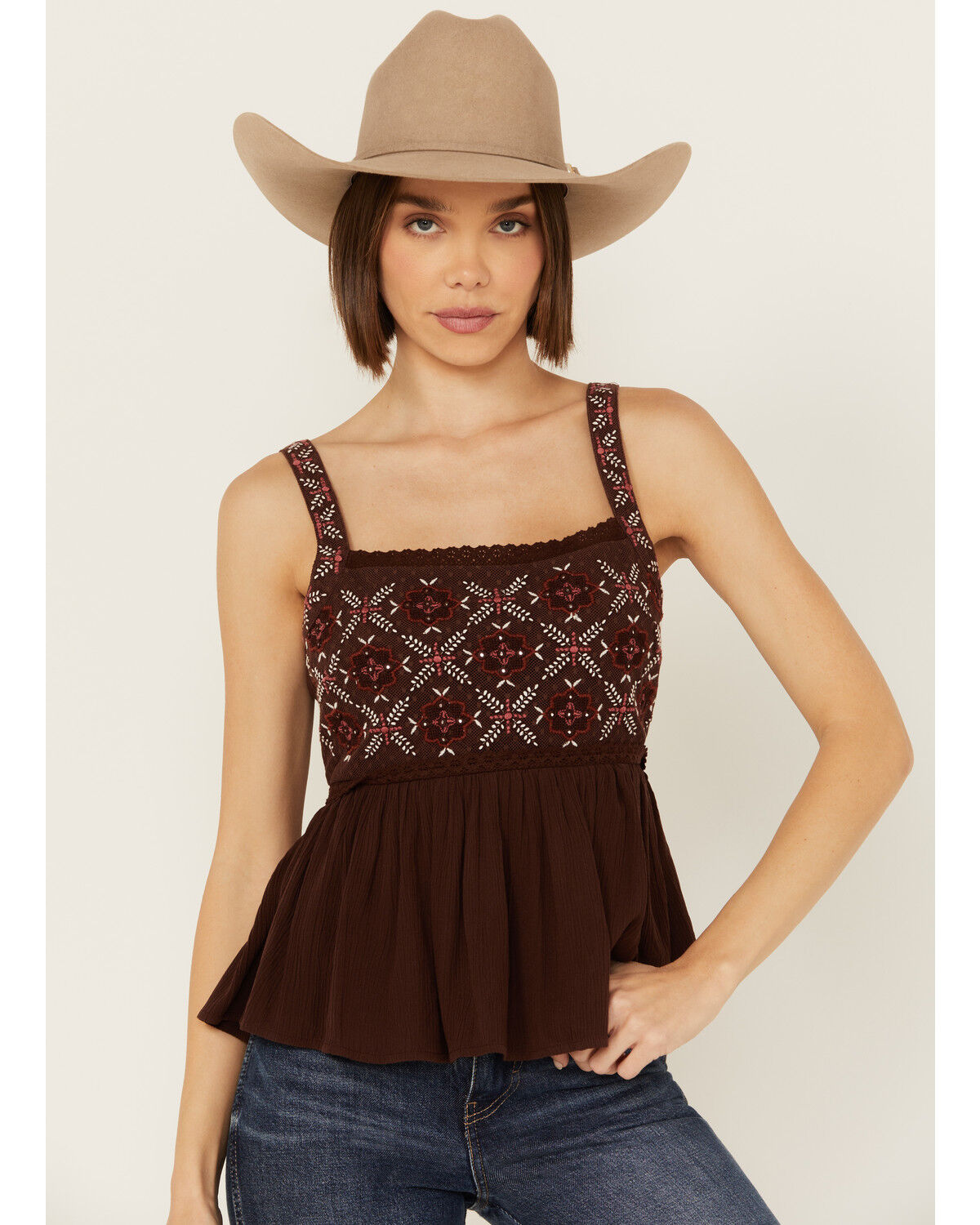 Image #1 - Shyanne Women's Tie Back Embellished Tank, Dark Brown, hi-res