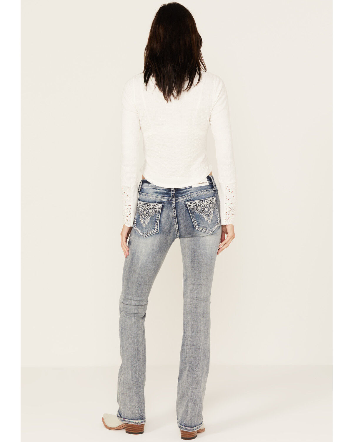 Image #1 - Grace in LA Women's Light Wash Mid Rise Floral Motif Pocket Bootcut Jeans, , hi-res