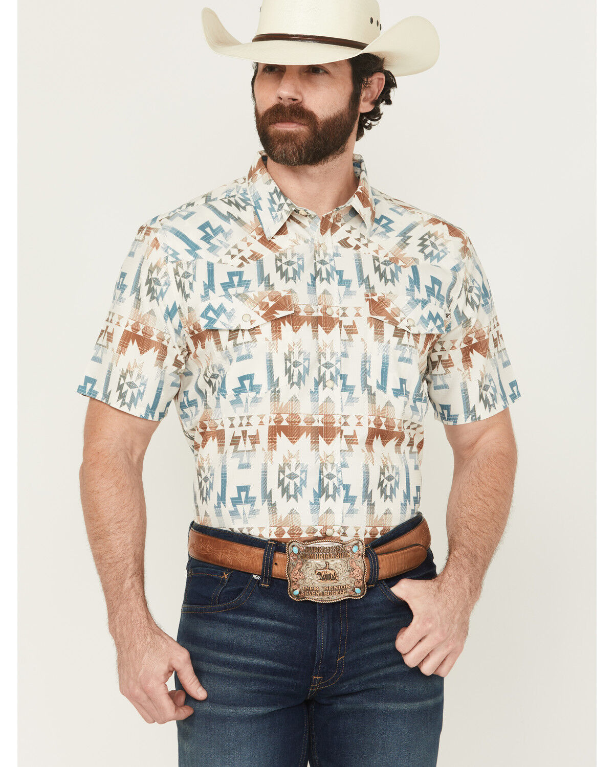 Image #1 - RANK 45® Men's Everglades Southwestern Print Short Sleeve Snap Performance Western Shirt, Ivory, hi-res