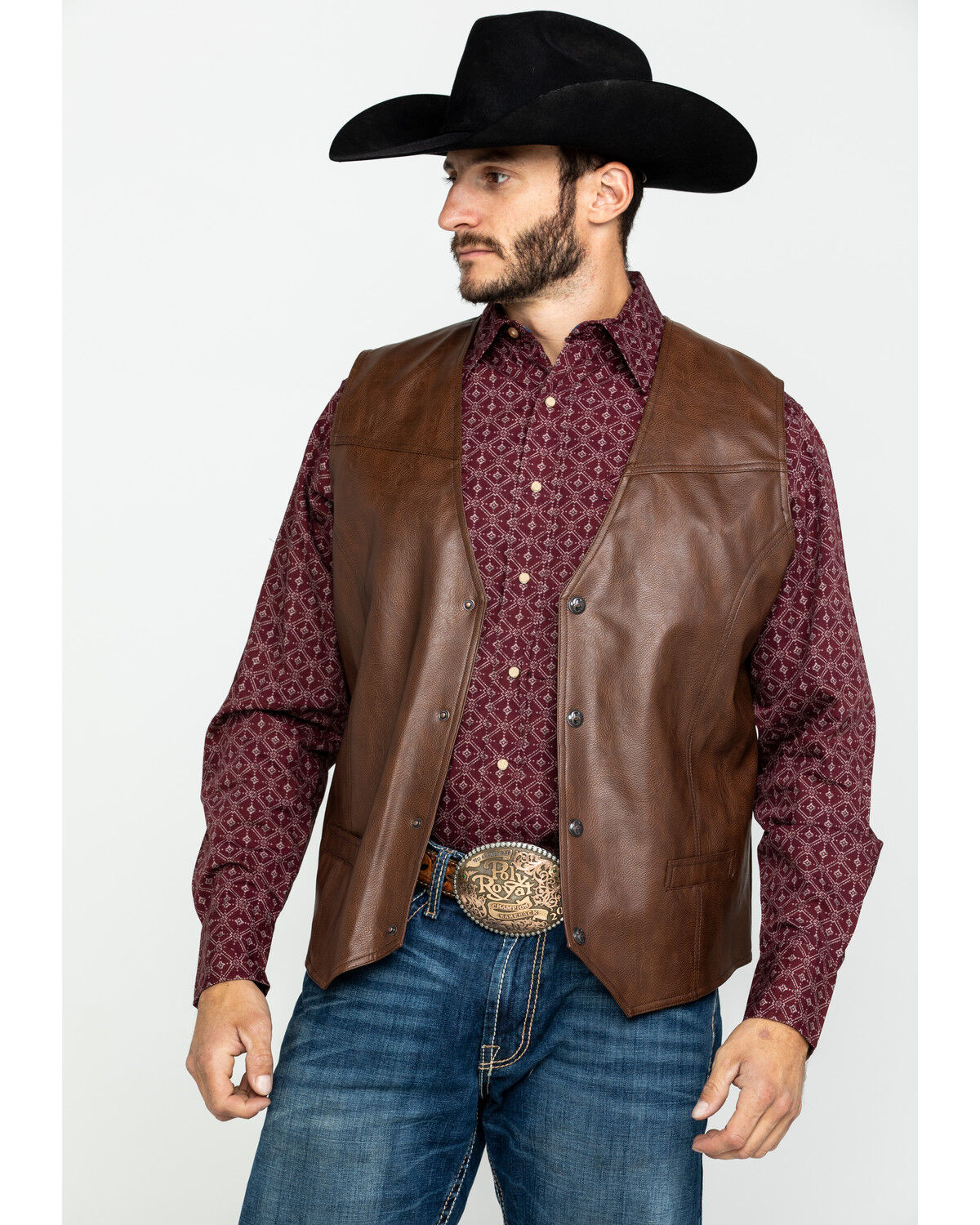 Image #1 - Cripple Creek Men's Whiskey Brown Faux Leather Vest, Med Brown, hi-res