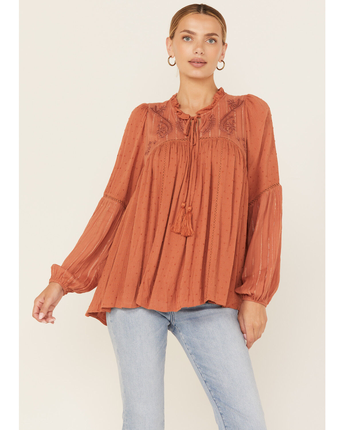 Image #1 - Miss Me Women's Embroidered Long Sleeve Blouse, Brick Red, hi-res