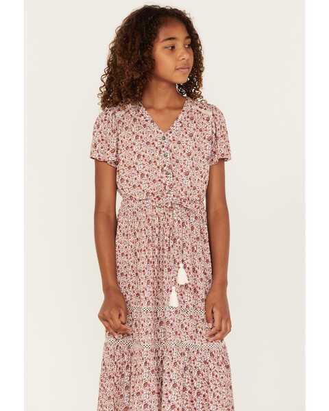 Cotton & Rye Girls' Ditsy Floral Print Maxi Dress, Red, hi-res