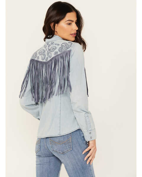 Image #4 - Idyllwind Women's Sutton Embroidered Chambray Fringe Top, Medium Wash, hi-res