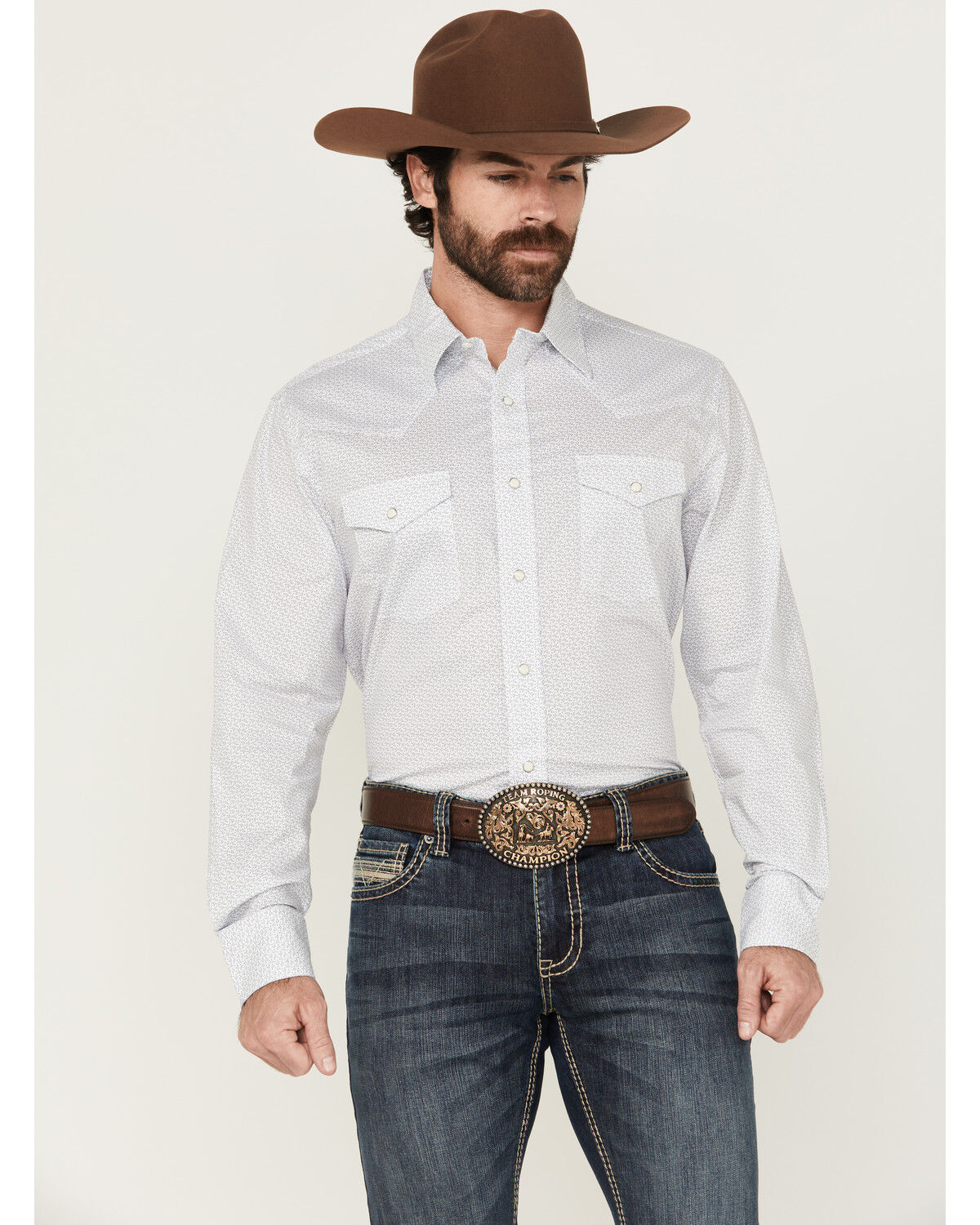 Image #1 - Wrangler Men's 20x Geo Print Long Sleeve Snap Stretch Western Shirt, White, hi-res