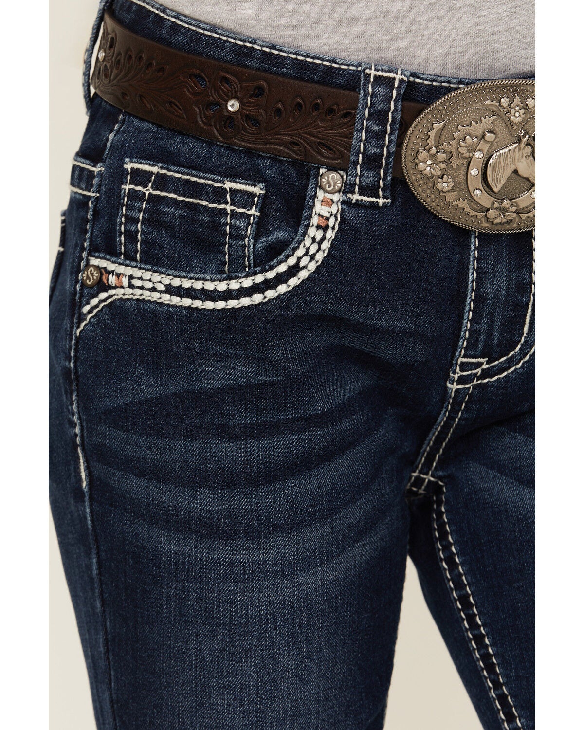 Image #4 - Shyanne Girls' Dark Wash Horseshoe Pocket Bootcut Stretch Denim Jeans, Medium Wash, hi-res