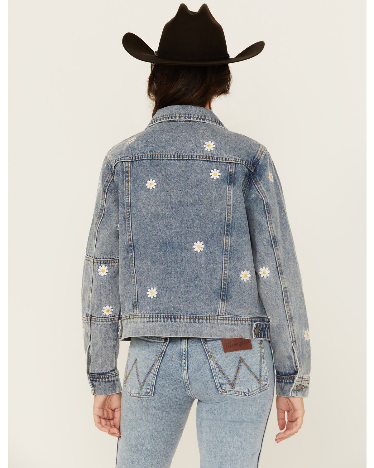 Image #4 - Veveret Women's Medium Wash Daisy Embroidered Denim Jacket, Medium Wash, hi-res