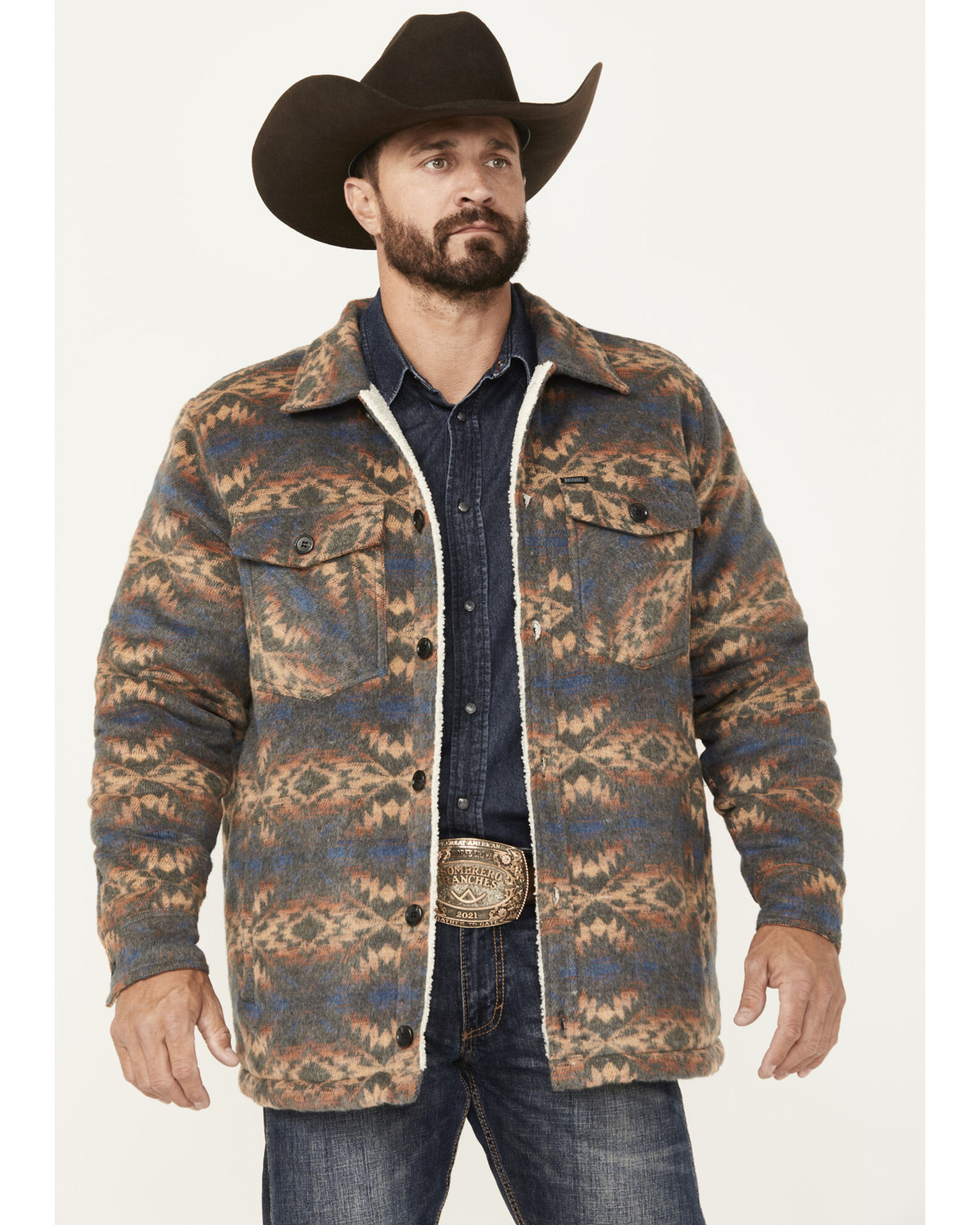 Rock Roll Denim Men s Southwestern Sherpa Lined Shirt Jacket