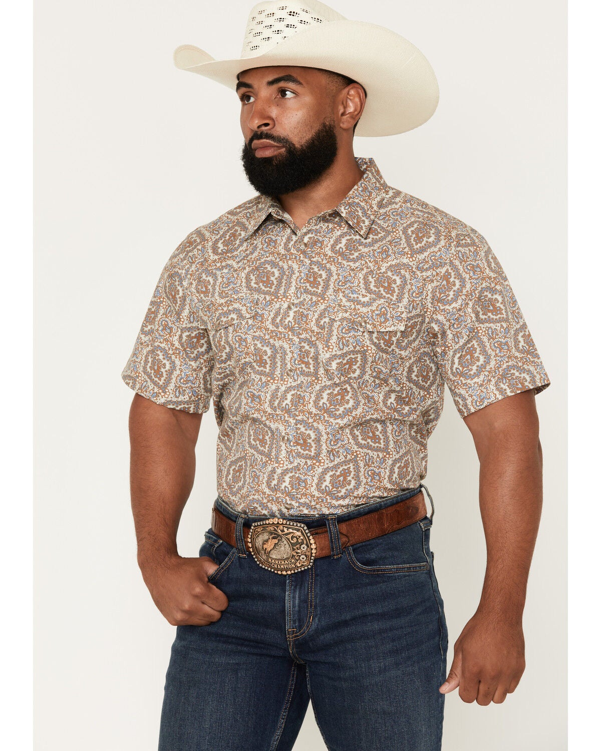 Image #1 - Gibson Trading Co Men's Throwback Energy Paisley Print Short Sleeve Snap Western Shirt, Cream, hi-res