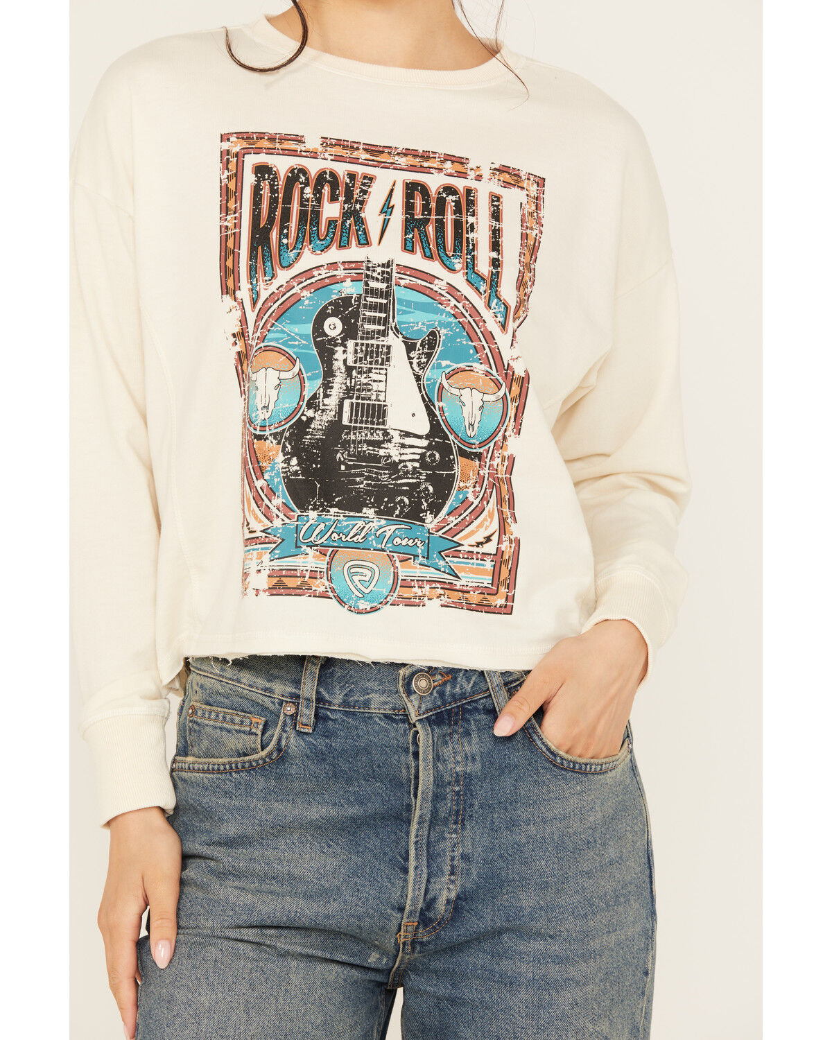 Image #3 - Rock & Roll Denim Women's Rock & Roll Long Sleeve Graphic Tee, Cream, hi-res