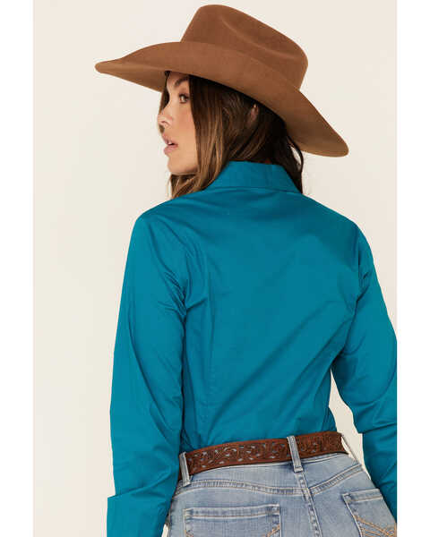 Image #5 - Cinch Women's Teal Solid Button Front Long Sleeve Western Shirt , Teal, hi-res