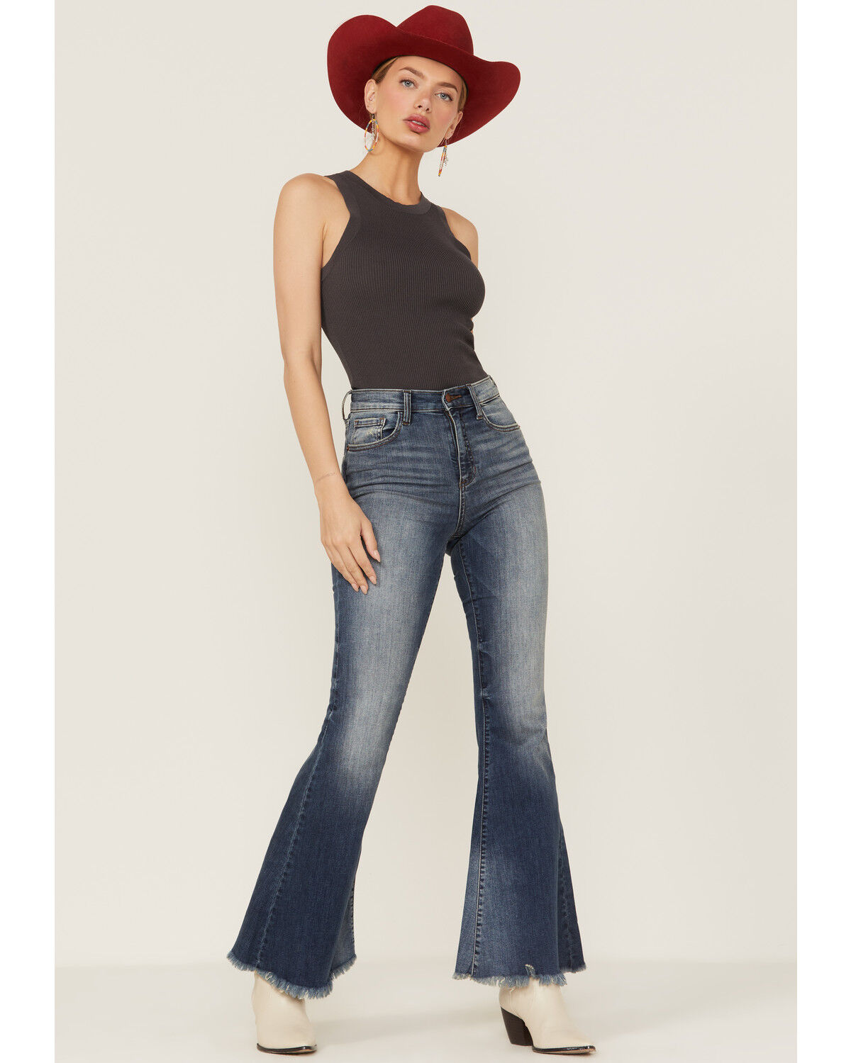 Image #1 - Sneak Peek Women's Vintage High Rise Raw Hem Dark Flare Jeans, Blue, hi-res
