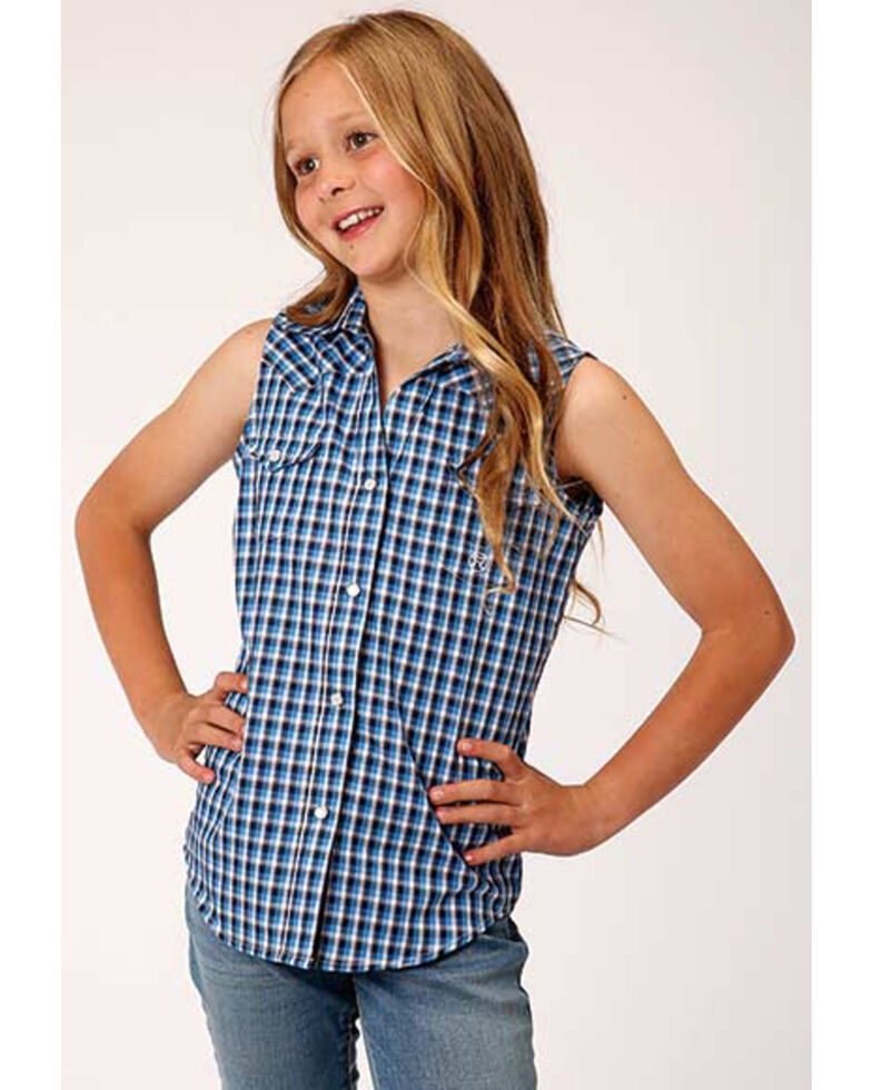 Amarillo Girls Blue Plaid Snap Sleeveless Western Shirt Country