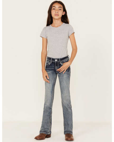 Grace in LA Girls' Medium Wash Mid Rise Horseshoe Pocket Bootcut Jeans, Blue, hi-res