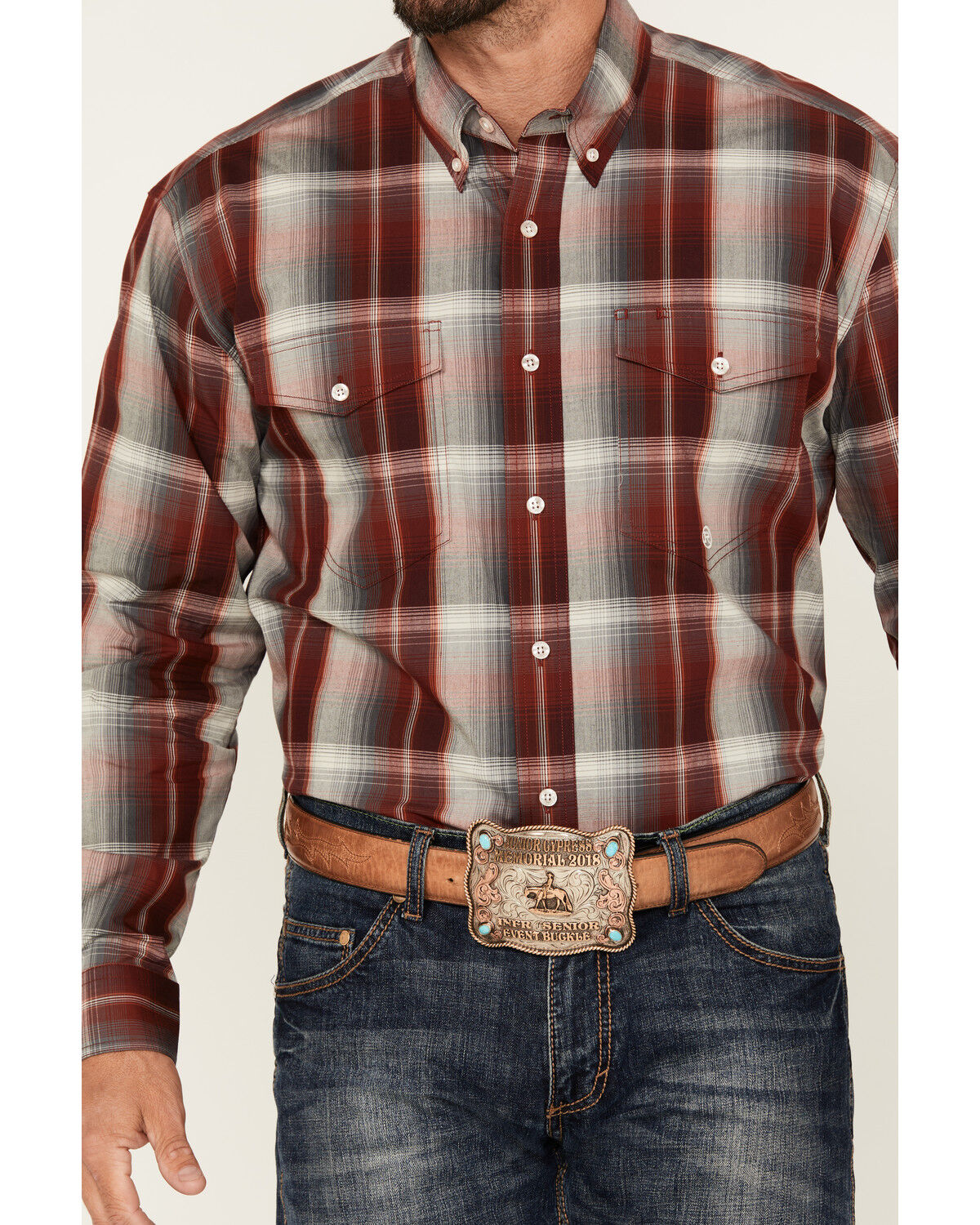 Image #3 - Roper Men's Amarillo Plaid Print Long Sleeve Button-Down Western Shirt, Wine, hi-res