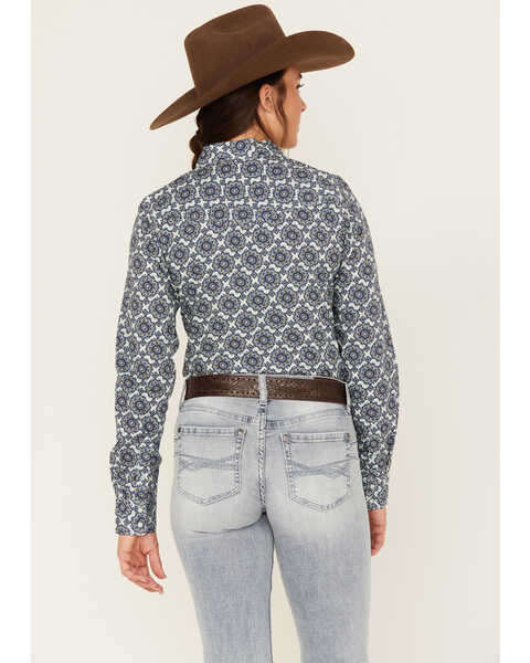 Image #4 - Cinch Women's Tile Print Long Sleeve Western Snap Shirt, Blue, hi-res