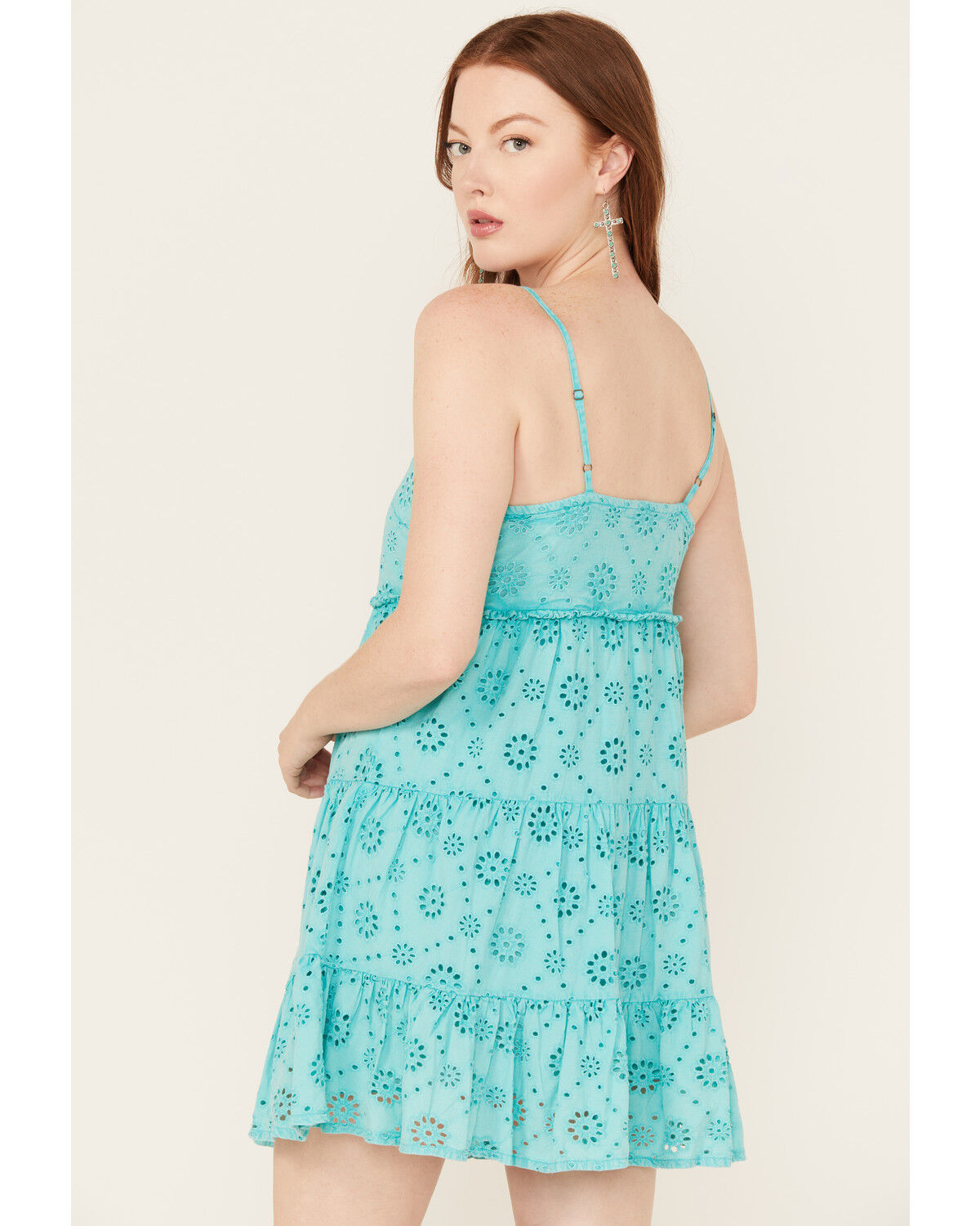 Image #4 - Rock & Roll Denim Women's Eyelet Sleeveless Mini Dress, Teal, hi-res