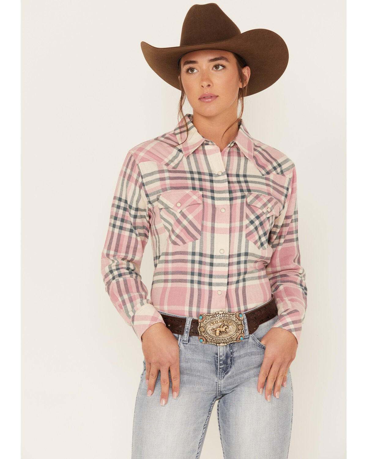 Image #1 - Wrangler Women's Boot Barn Exclusive Plaid Print Long Sleeve Western Flannel Snap Shirt, , hi-res