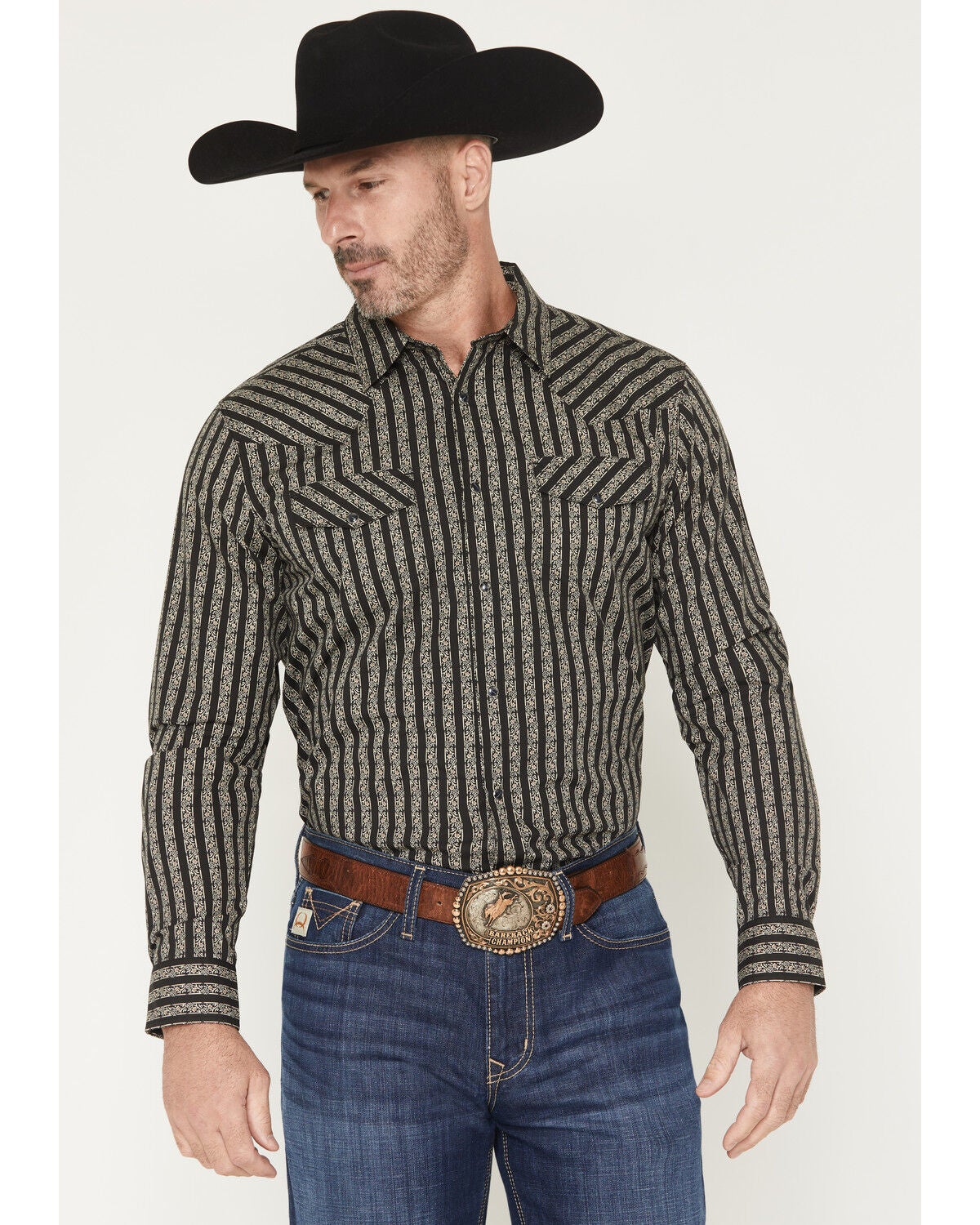 Image #1 - Gibson Trading Co Men's Da Club Floral Striped Long Sleeve Snap Western Shirt, Black, hi-res