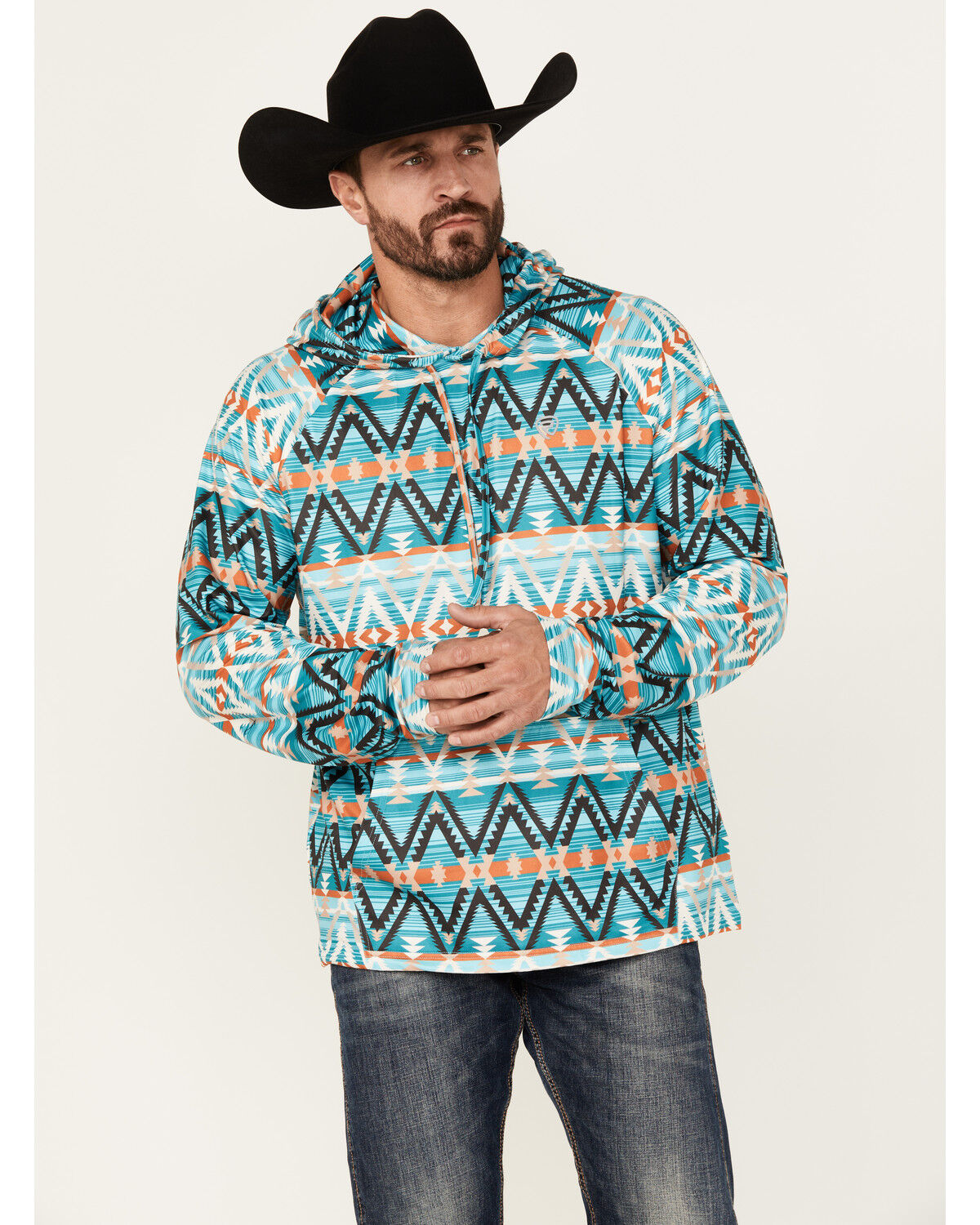 Image #1 - Rock & Roll Denim Men's Southwestern Print Hooded Sweatshirt, Turquoise, hi-res