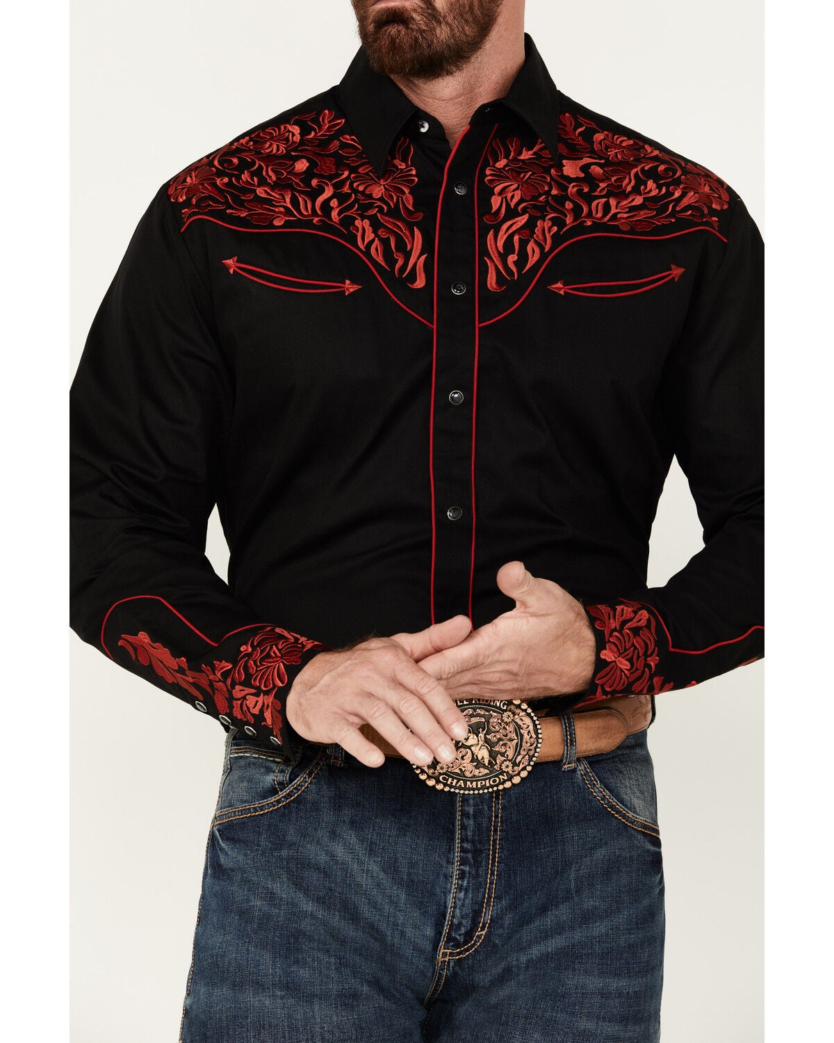 Rodeo Clothing Men's Embroidered Long Sleeve Snap Western Shirt,