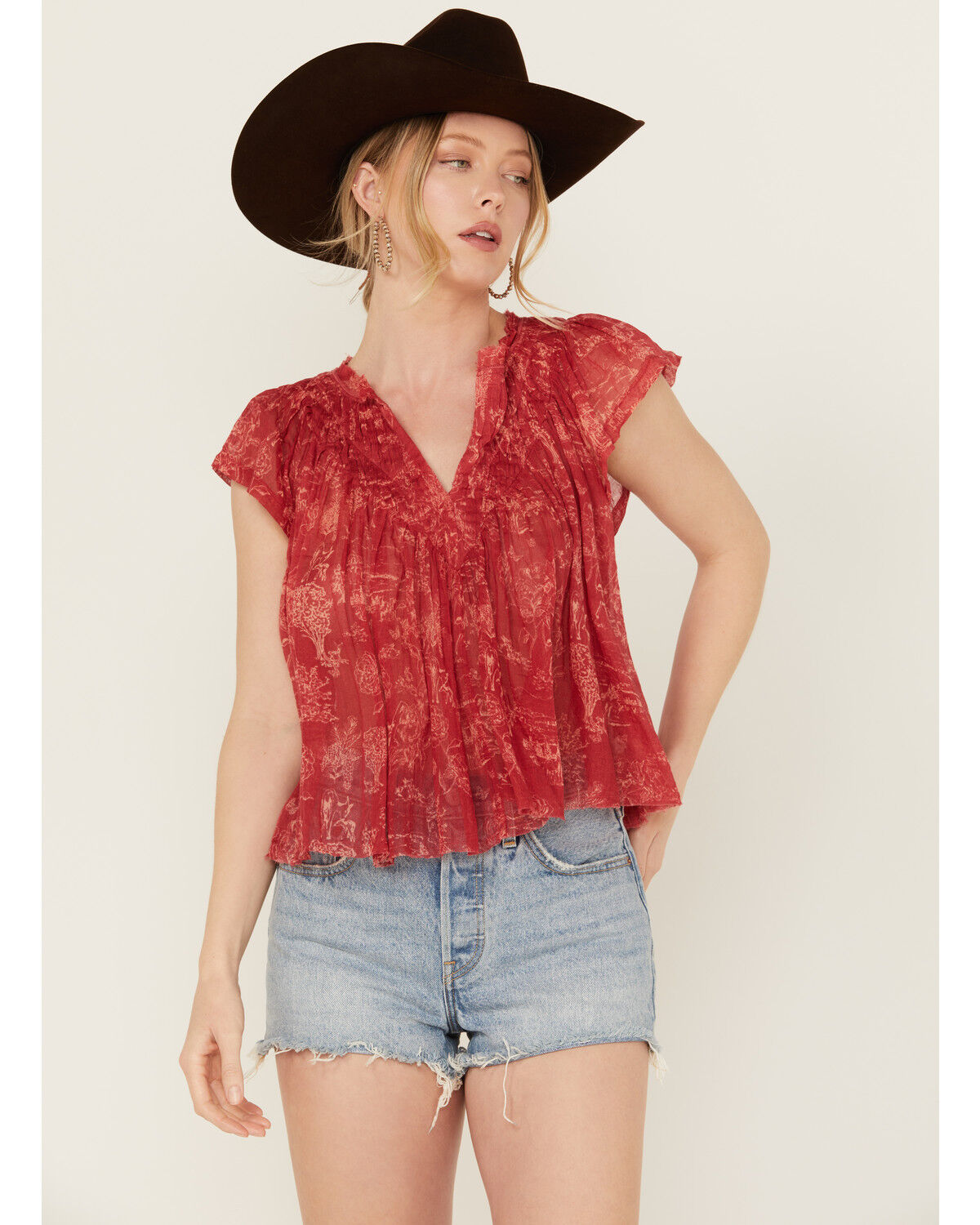 Image #1 - Free People Women's Printed Padma Top, Red, hi-res