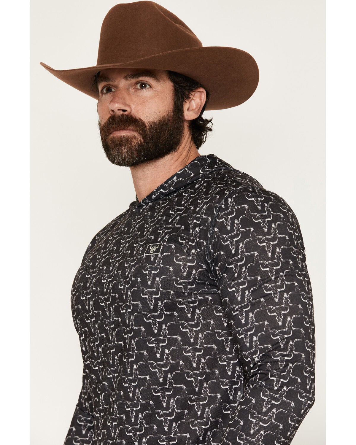 Image #2 - Cowboy Hardware Hombre Skull Print Long Sleeve Hooded Shirt, Black, hi-res