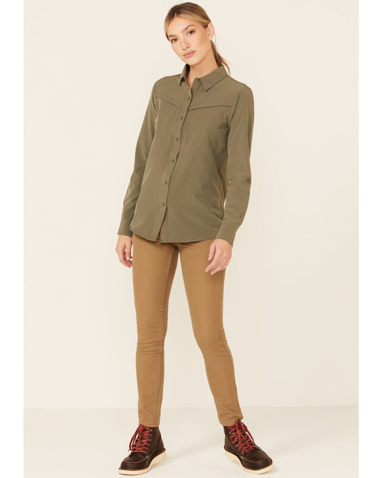 Wrangler ATG Women's All-Terrain Dusty Olive Mixed Materials Long Sleeve Button-Down Western Core Shirt , Olive, hi-res